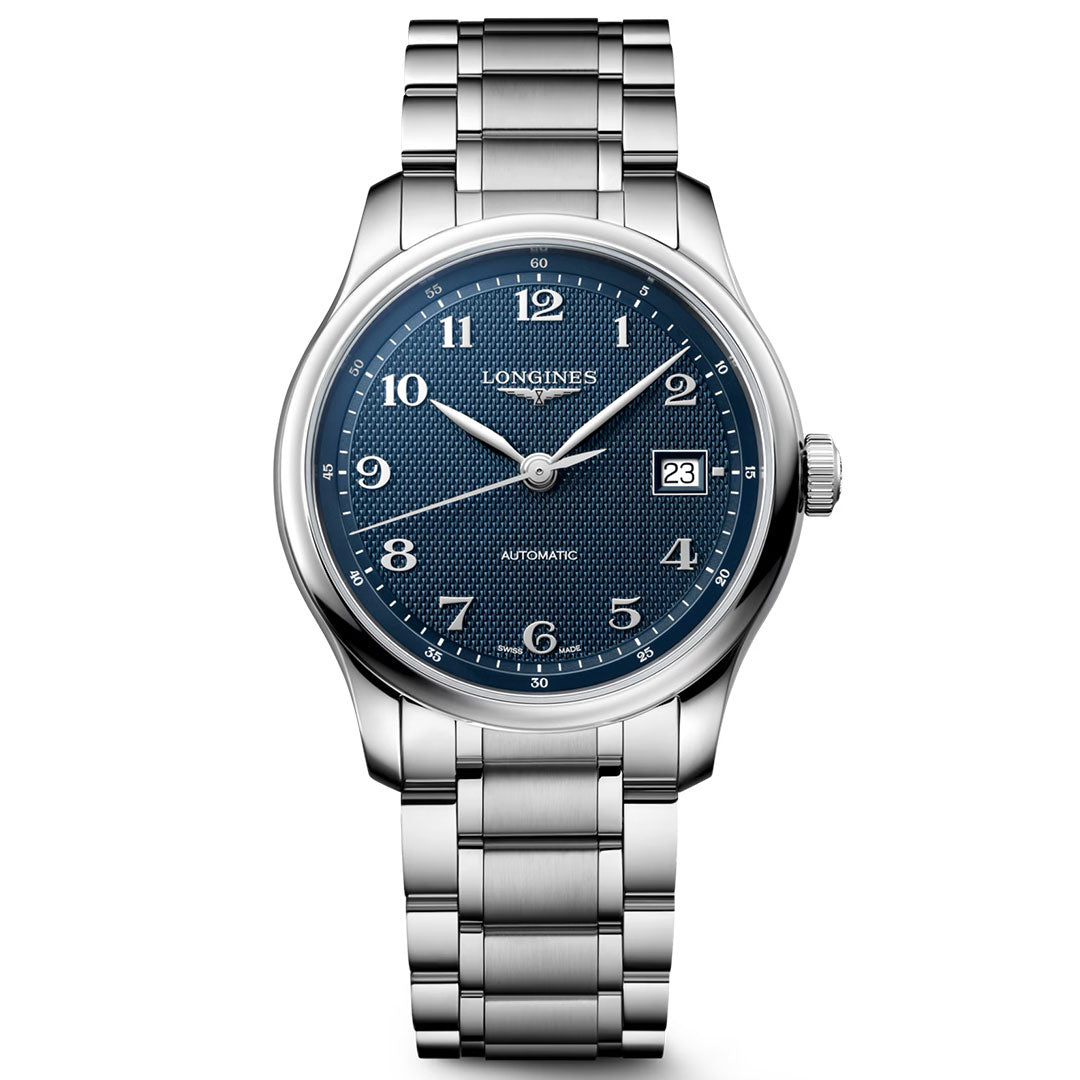 Introducing the Longines Master Collection Automatic 39mm Watch by Longines: crafted in stainless steel, this masterpiece showcases a blue textured dial with silver hands, Arabic numeral hour markers, a date window at 3 o’clock, and a polished silver link bracelet—a remarkable example of Swiss watchmaking excellence.