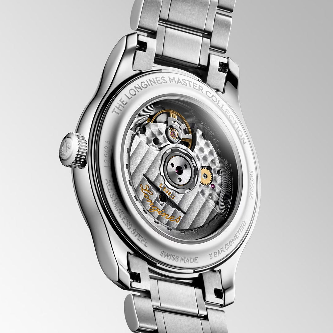 Close-up of the Longines Master Collection Automatic 39mm Watch by Longines, highlighting the intricate automatic movement visible through its transparent case back and the finely engraved details on the stainless steel frame—an embodiment of Swiss watchmaking excellence.