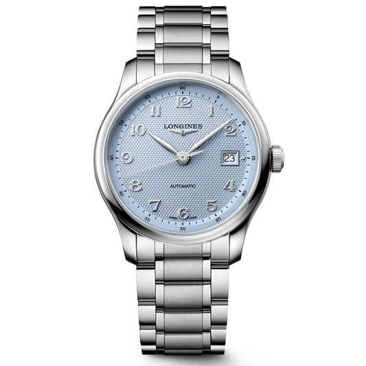 The Longines Master Collection Automatic 39mm Watch by Longines features a silver case, a light blue textured dial with silver hour markers, a date display at 3 o’clock, and a metal link bracelet; this luxury wristwatch is photographed on a white background.