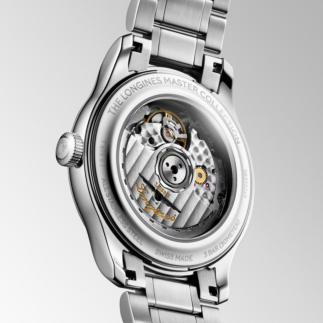 Close-up view of the back of the Longines Master Collection Automatic 39mm Watch by Longines, highlighting its exposed mechanical movement and engraved stainless steel case details.