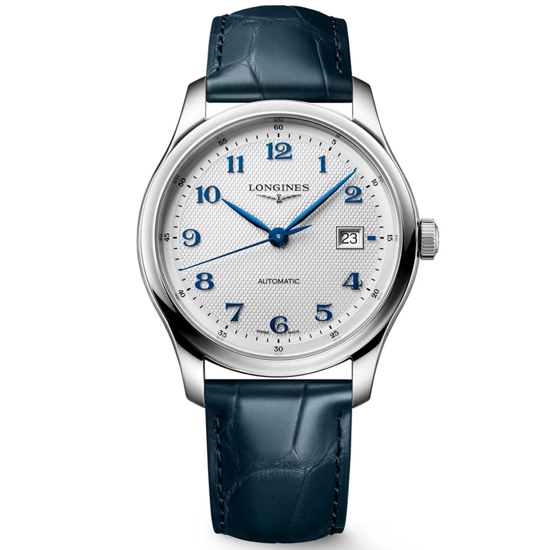 Introducing the Longines Master Collection Automatic 41mm Watch by Longines—a distinguished silver timepiece from the acclaimed Master Collection. This watch features striking blue Arabic numerals, a date window at the 3 o’clock position, elegant silver detailing, and a textured white dial. Complemented by a dark blue leather strap, this exquisite Swiss-crafted watch epitomizes refinement in luxury timepieces.