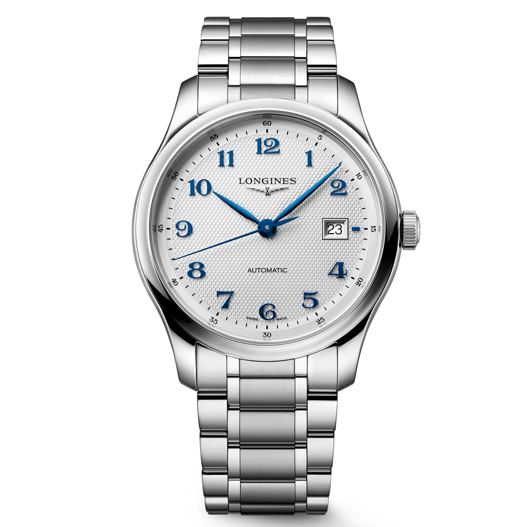 The Longines Master Collection Automatic 41mm Watch by Longines features a textured white dial with striking blue hands and numerals, a date display at 3 o’clock, and is elegantly finished with a stainless steel bracelet—a perfect example of luxury timepieces and traditional watchmaking.