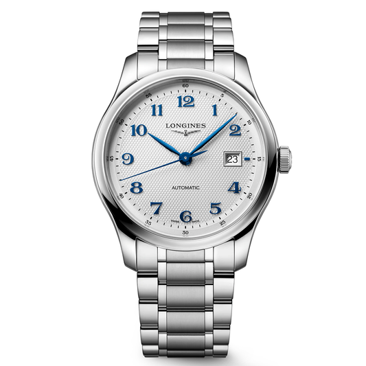 The Longines Master Collection Automatic 41mm Watch by Longines features a textured white dial with striking blue hands and numerals, a date display at 3 o’clock, and is elegantly finished with a stainless steel bracelet—a perfect example of luxury timepieces and traditional watchmaking.