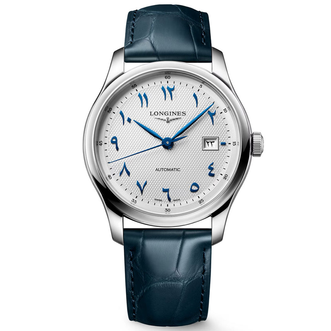 Presenting the Longines Master Collection Automatic 41mm Watch—a distinguished timepiece by Longines. This silver wristwatch showcases a textured white dial adorned with striking blue Arabic numerals, a date display at 3 o’clock, and is paired with a sophisticated blue leather strap, epitomizing refined horological craftsmanship.