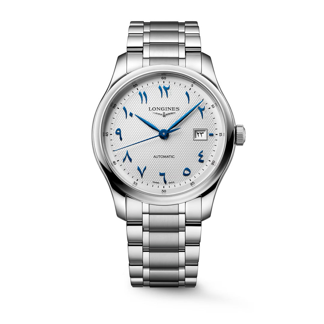 A silver-tone Longines Master Collection Automatic 41mm Watch with a white textured dial, blue hands, and blue Eastern Arabic numeral hour markers.