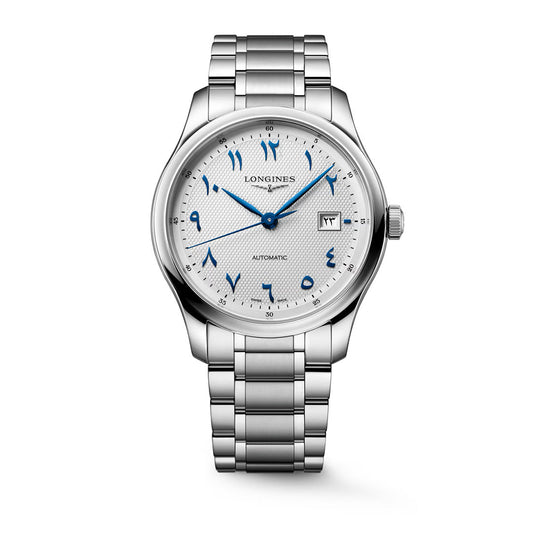 A silver-tone Longines Master Collection Automatic 41mm Watch with a white textured dial, blue hands, and blue Eastern Arabic numeral hour markers.