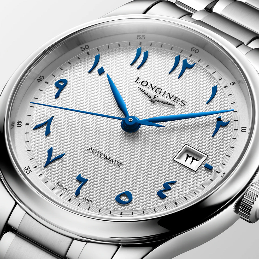 Longines Master Collection Automatic 41mm Watch in silver-tone, featuring a textured white dial with blue hands and Arabic-Indic numerals.