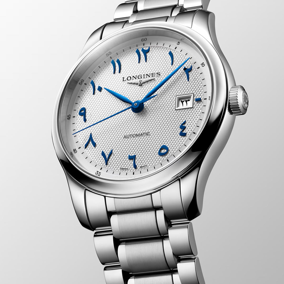 Longines Master Collection Automatic 41mm Watch in silver-tone, featuring a textured white dial with blue hands and blue Eastern Arabic numeral hour markers.