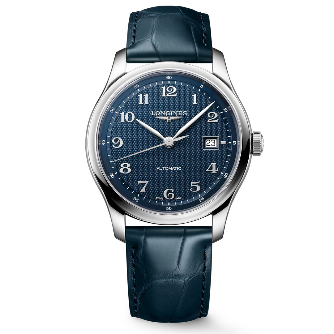 A standout in the Longines Master Collection, the Longines Master Collection Automatic 41mm Watch showcases a blue textured dial accented by silver numerals and hands, a date display at 3 o'clock, and is paired with a sophisticated blue leather strap. Housed in a stainless steel case that reflects Longines' esteemed watchmaking heritage, this timepiece is an exceptional option for discerning luxury watch enthusiasts.
