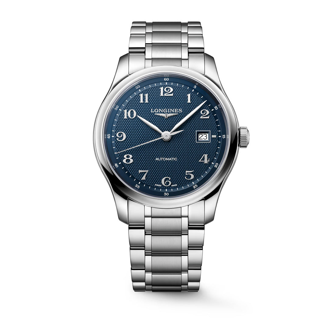 Longines Master Collection Automatic 41mm Watch in silver-tone metal link with a textured blue dial, Arabic numerals, and a date display.