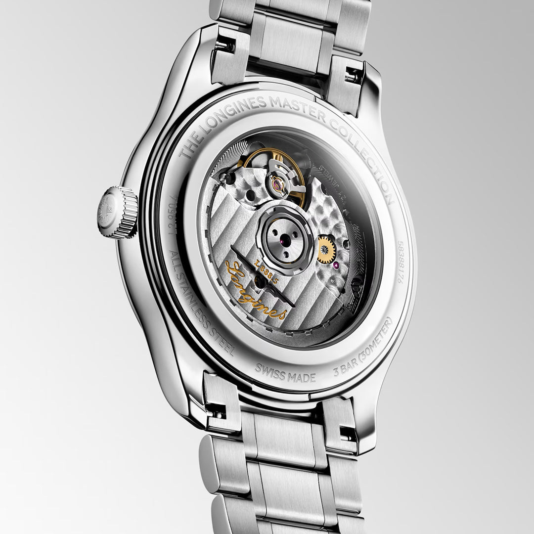 Stainless steel Longines Master Collection Automatic 41mm Watch with an exhibition case back revealing the automatic movement, featuring the collection name and technical specifications engraved around the transparent center.