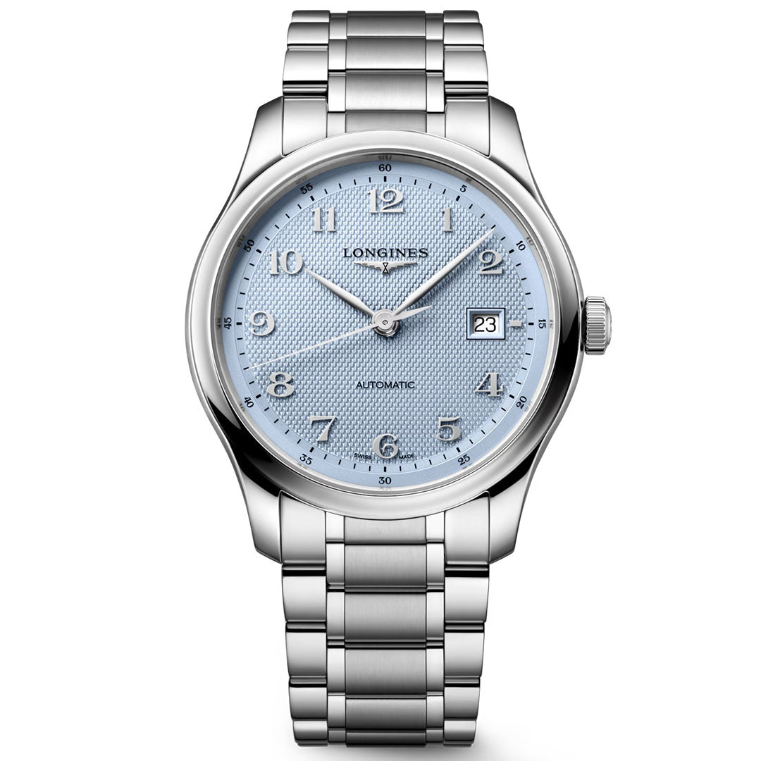 The Longines Master Collection Automatic 41mm Watch by Longines features a striking blue textured dial with silver hour markers, a date display at 3 o’clock, and a sleek metal link bracelet—an exceptional example of Swiss luxury watchmaking.