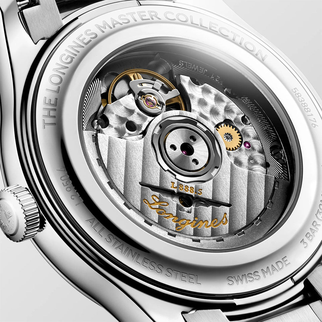 Close-up of the back of the Longines Master Collection Automatic 41mm Watch, revealing the intricate exposed mechanical movement and engraved gold “Longines” logo on its stainless steel case—an authentic example of Swiss watchmaking excellence.