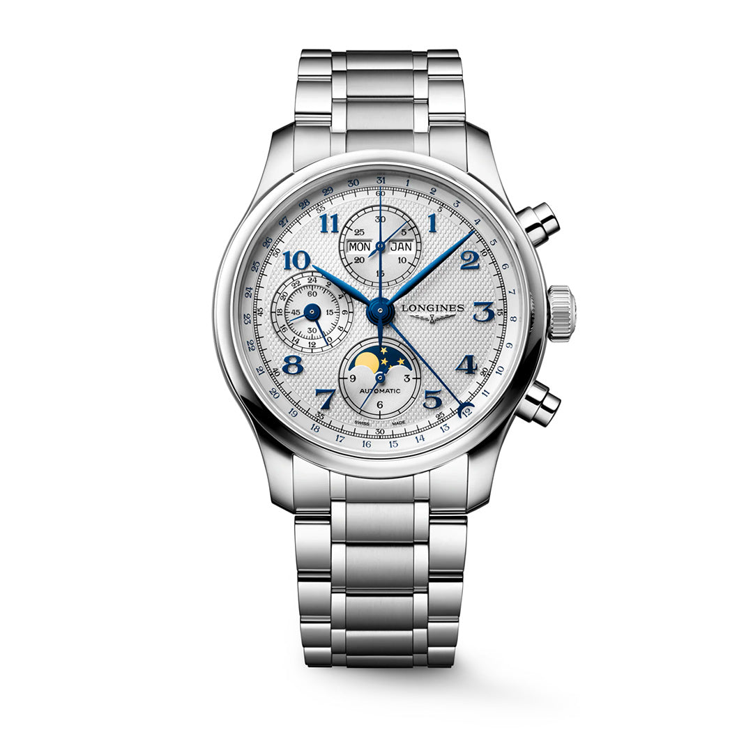 Longines Master Collection Chrono Moonphase Automatic 41mm Watch with a textured white dial, blue hands and numerals, moon phase display, and a link bracelet.