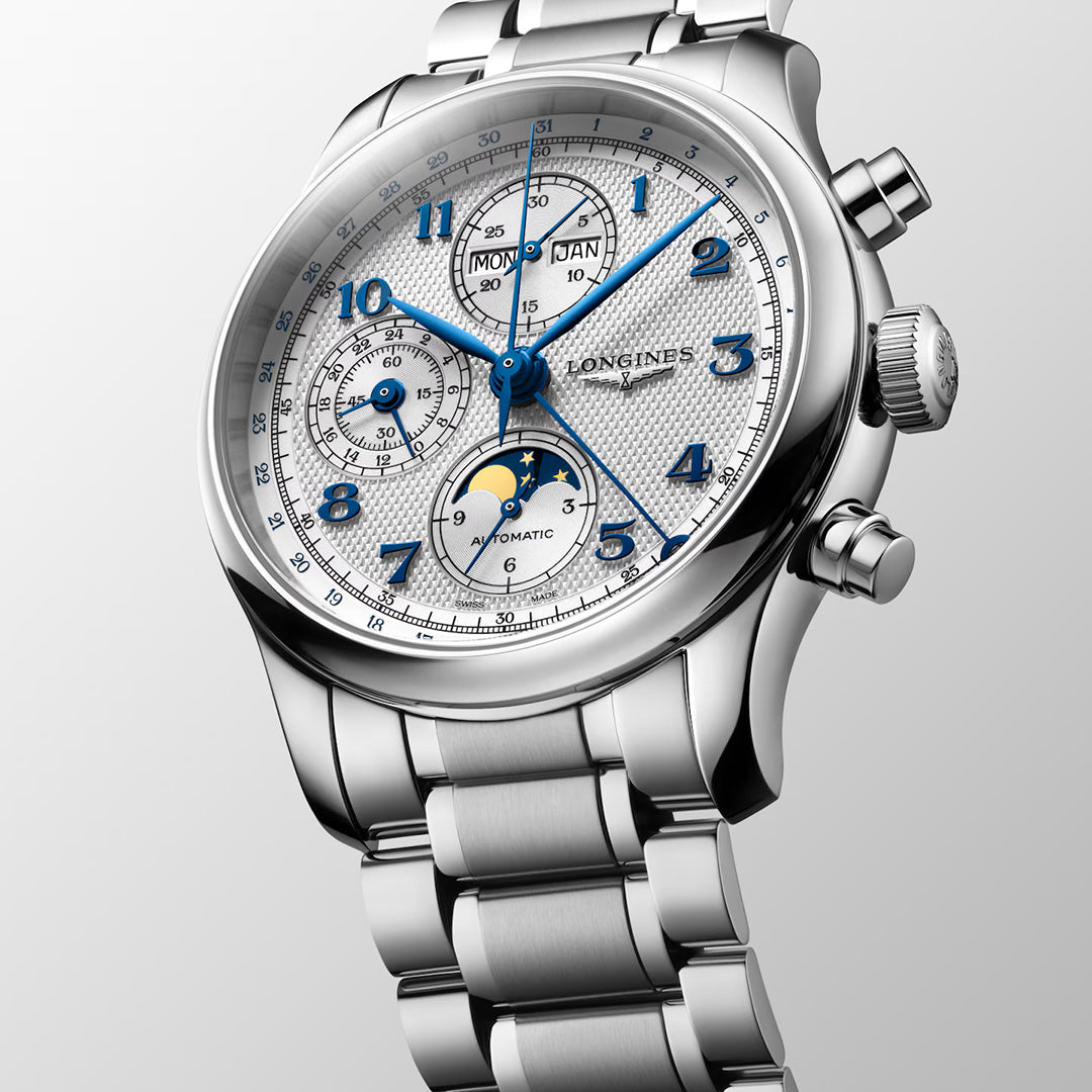 Longines Master Collection Chrono Moonphase Automatic 41mm Watch in silver with a textured white dial, blue hands and numerals, moon phase indicator, and a metal link bracelet.