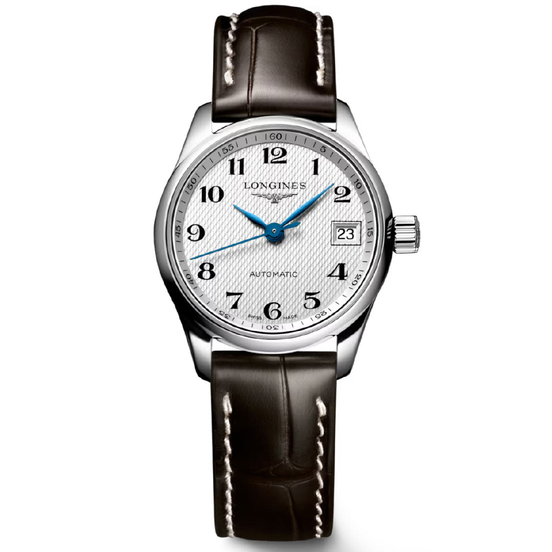 The Longines Master Collection Automatic 25.5mm watch features a silver case, white textured dial, blue hands, black Arabic numerals, date at 3 o’clock, and a dark brown leather strap with white stitching.