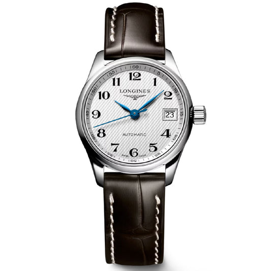 The Longines Master Collection Automatic 25.5mm watch features a silver case, white textured dial, blue hands, black Arabic numerals, date at 3 o’clock, and a dark brown leather strap with white stitching.