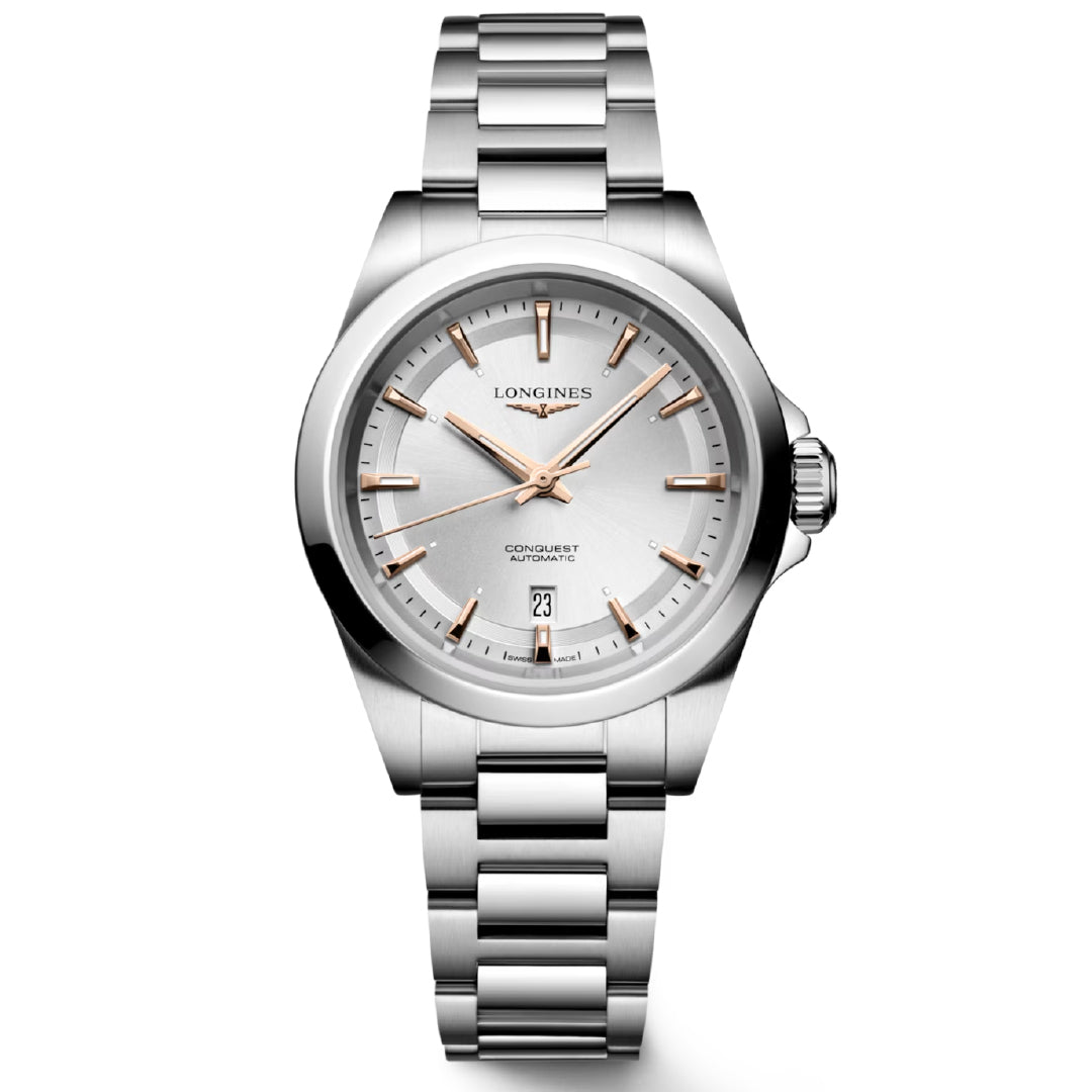 Introducing the Longines Conquest Automatic 30mm Watch, a stainless steel wristwatch adorned with a silver dial. It features elegant gold hour markers and hands, with the iconic "Longines" brand name elegantly placed at the top. The phrase "Conquest Automatic" is prominently displayed above the date function positioned at 3 o'clock.