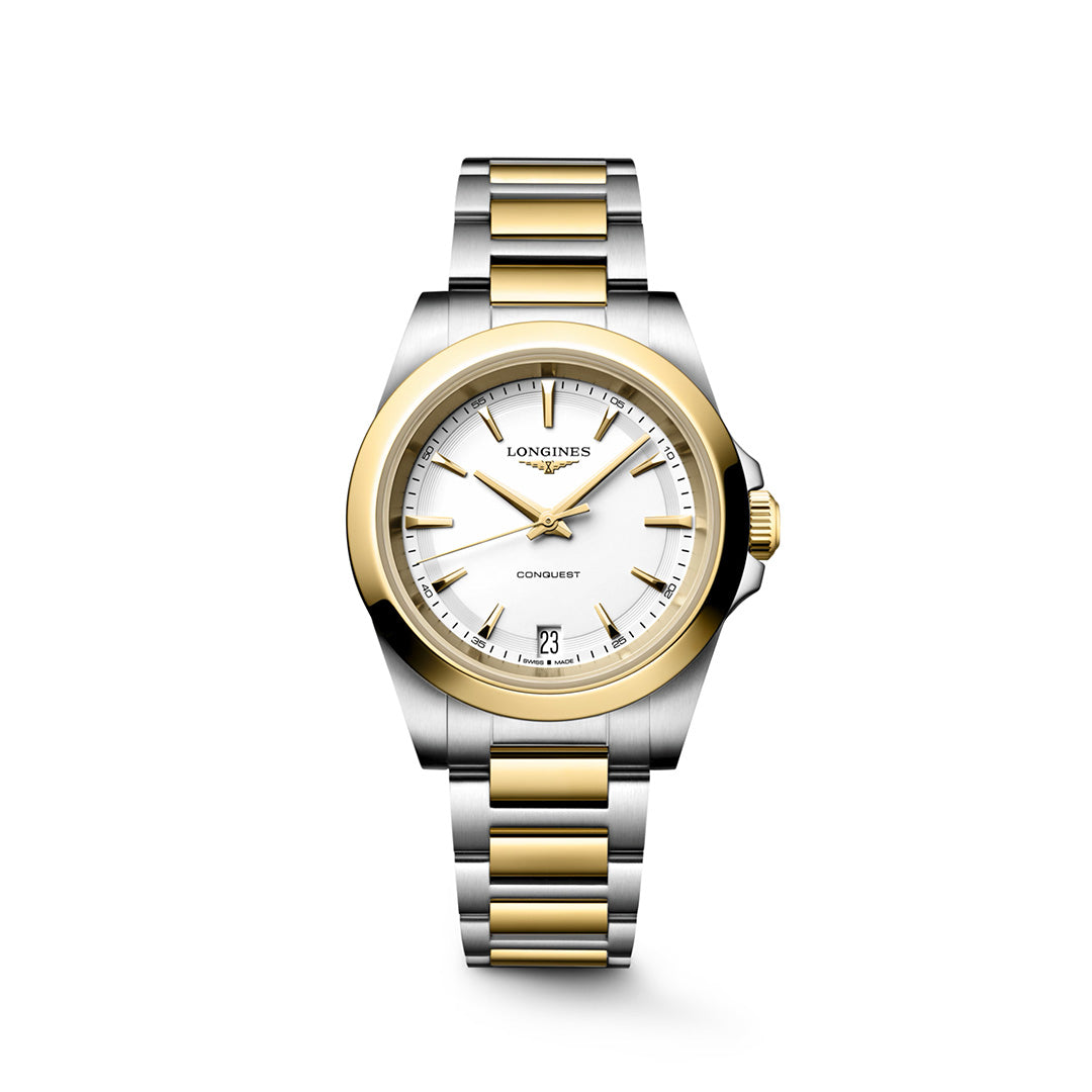 Longines Conquest Quartz 34mm Watch in two-tone silver and gold stainless steel with a white dial, gold hour markers, and a date window at the six o’clock position, blending sporty elegance.