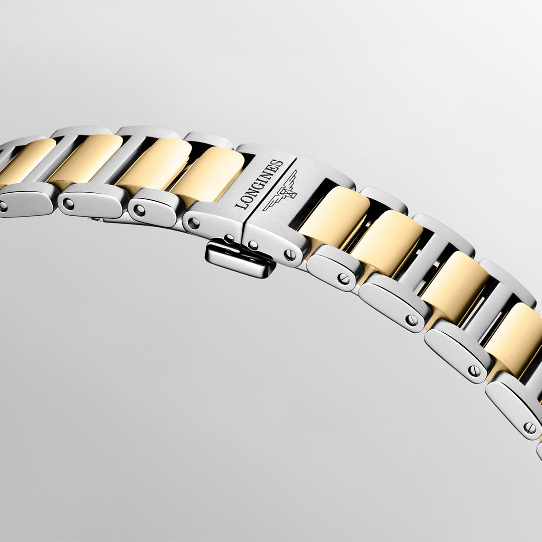 A two-tone Longines Conquest Quartz 34mm Watch bracelet with silver and gold links, featuring a clasp engraved with a logo.