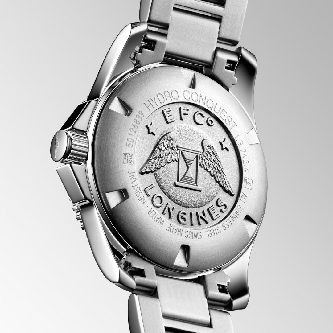 Close-up of the stainless steel case back on the Longines HydroConquest Automatic 41mm Watch, showcasing the brand’s winged hourglass logo and engraved details about model and water resistance.