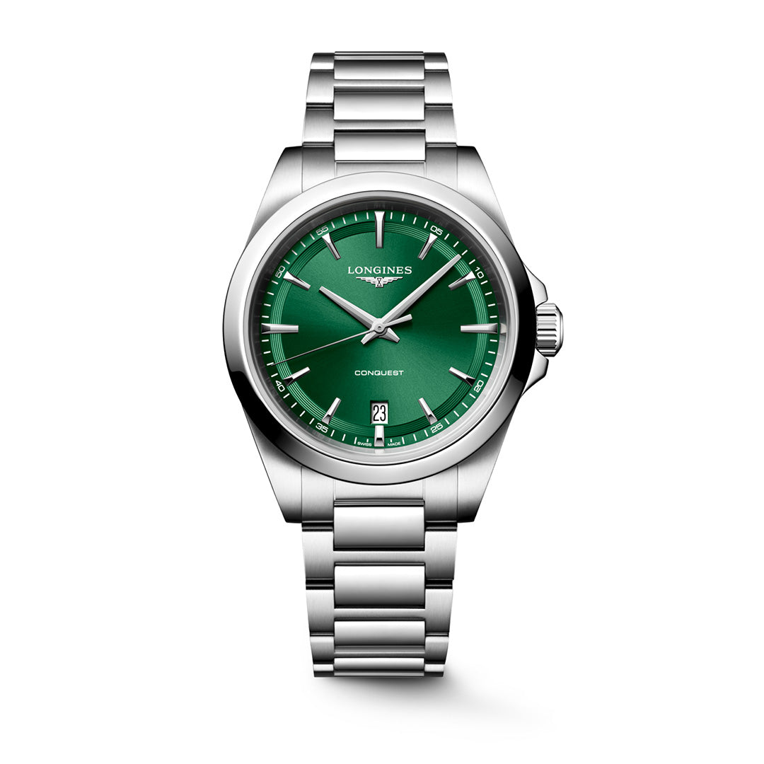 Longines Conquest Quartz 38mm Watch in stainless steel with a green dial and a date window at the six o’clock position.