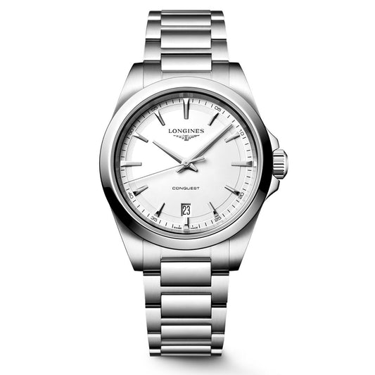 The Longines Conquest Quartz 38mm Watch by Longines features a sophisticated silver design with a white dial, silver hour markers, a date window at 6 o’clock, and a stainless steel bracelet—seamlessly combining timeless elegance with dependable everyday performance.