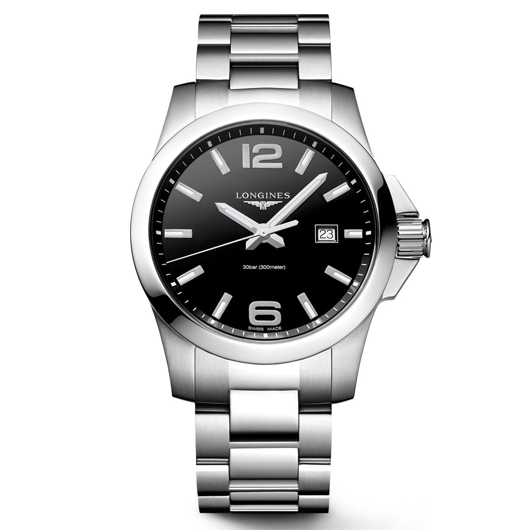 The Longines Conquest Quartz 43mm Watch features a silver stainless steel case, black dial, silver markers, white hands, date at 3 o’clock, and metal link bracelet for sporty elegance. The watch displays the time as 10:08:37.