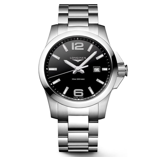 The Longines Conquest Quartz 43mm Watch features a silver stainless steel case, black dial, silver markers, white hands, date at 3 o’clock, and metal link bracelet for sporty elegance. The watch displays the time as 10:08:37.