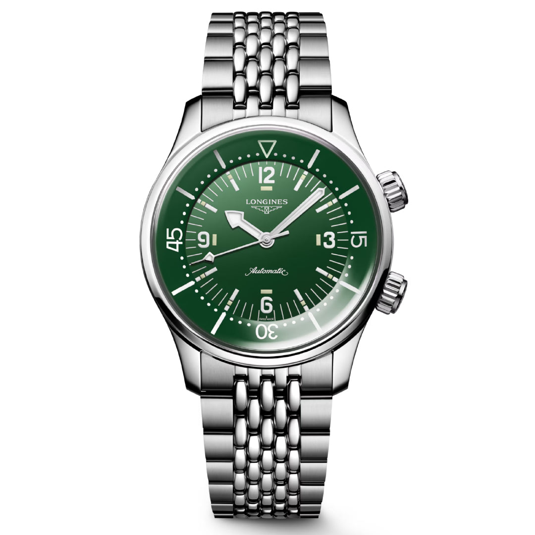 The Longines Legend Diver Automatic 39mm Watch is a stainless steel timepiece featuring a green dial with white hour markers and a metal bracelet. It showcases a prominent bezel, two crowns on the right, and proudly displays the LONGINES Legend Diver name on the dial.