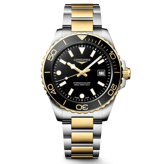 Introducing the Longines HydroConquest Quartz 42mm Watch—a distinguished creation from Longines. This model showcases a striking black and gold bezel, a black dial enhanced by gold-accented hands, a date window at the 3 o’clock position, and a sophisticated two-tone silver and gold metal bracelet. Exemplifying the excellence of Swiss watchmaking, it is an ideal choice for those who value refined sport watches.