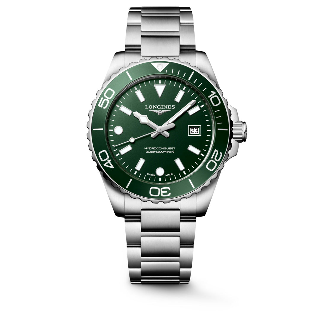 The Longines HydroConquest Quartz 42mm Watch is a Swiss-made stainless steel wristwatch featuring a striking green bezel and dial, silver-tone markers and hands, a date window at 3 o’clock, and “Longines” branding on the face. Displayed on a white background, this timepiece belongs to the renowned Longines HydroConquest collection of sport watches.
