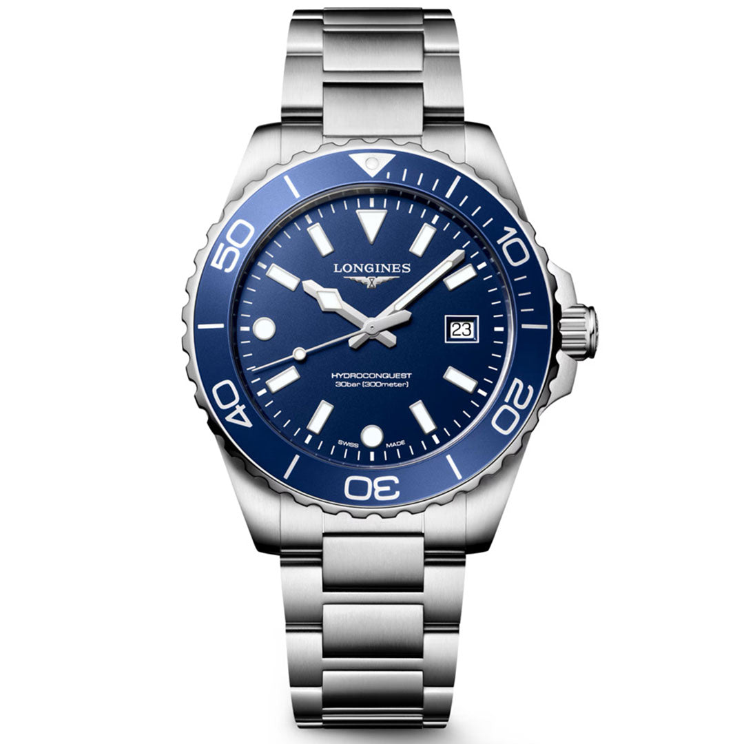 A Longines HydroConquest Quartz 42mm Watch—a stainless steel Swiss sports timepiece by Longines—showcasing a blue bezel and dial, silver hour markers, a date window at 3 o’clock, and a metal link bracelet. The watch displays the time as 10:08:37.