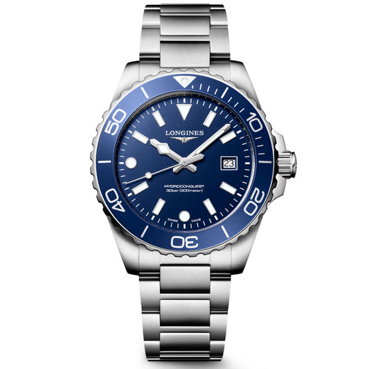 A Longines HydroConquest Quartz 42mm Watch—a stainless steel Swiss sports timepiece by Longines—showcasing a blue bezel and dial, silver hour markers, a date window at 3 o’clock, and a metal link bracelet. The watch displays the time as 10:08:37.