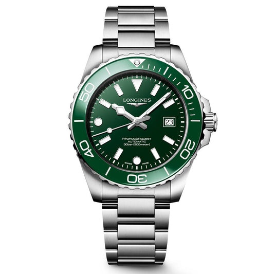 The Longines Hydroconquest Automatic 42mm Watch features a green bezel, green dial with white hour markers, Swiss Super-Luminova luminous hands, date display at 3 o'clock, and a stainless steel diver’s style bracelet.