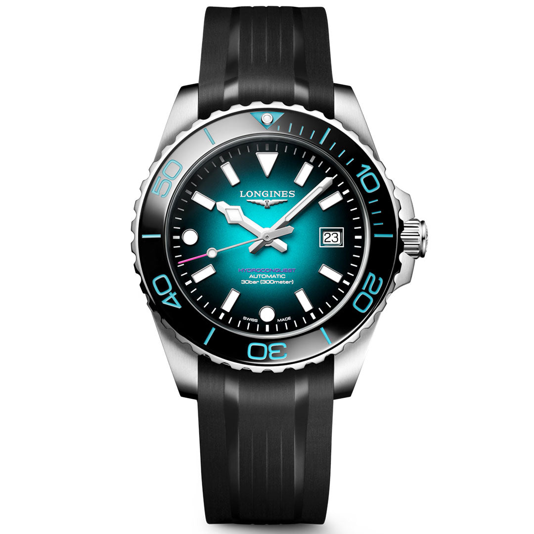 A Longines HydroConquest 2026 Commonwealth Games Automatic 42mm Watch Limited Edition, featuring a teal gradient dial, black bezel, silver indices, date display, and a black rubber strap. The time is set to 10:10.