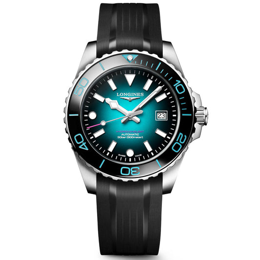 A Longines HydroConquest 2026 Commonwealth Games Automatic 42mm Watch Limited Edition, featuring a teal gradient dial, black bezel, silver indices, date display, and a black rubber strap. The time is set to 10:10.