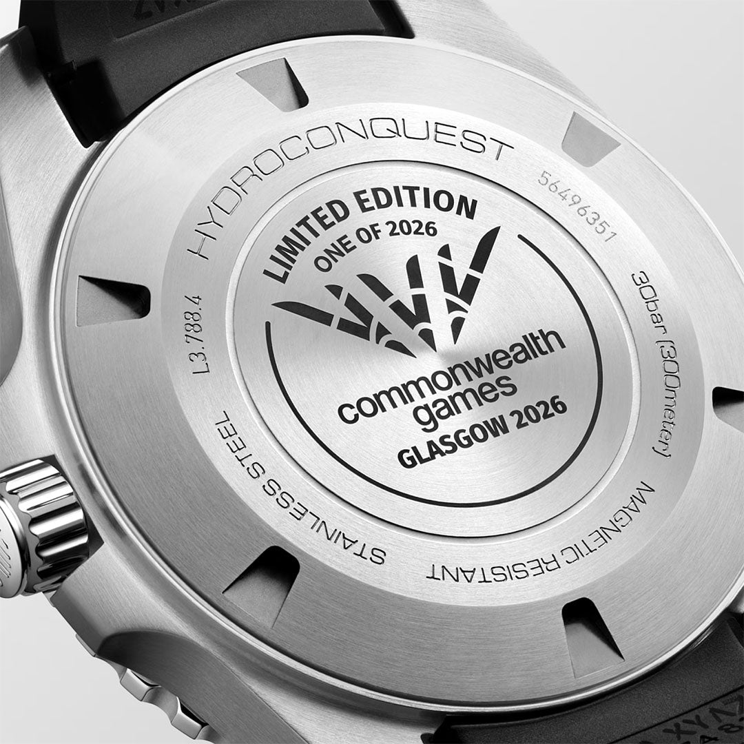 Close-up of the caseback of the Longines Hydroconquest 2026 Commonwealth Games Automatic 42mm Watch Limited Edition, engraved with "Limited Edition One of 2026," "Commonwealth Games Glasgow 2026," and technical details such as water resistance, serial number, and stainless steel specifications.