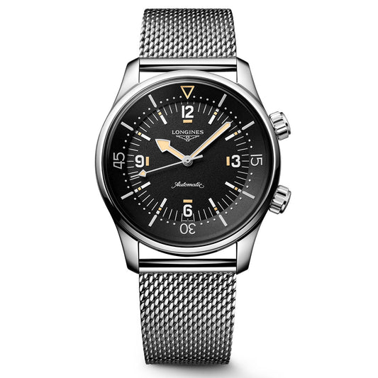 The Longines Legend Diver 59 Automatic 42mm Watch features a silver stainless steel mesh bracelet, black dial with vintage-style markers, two side crowns, and is water-resistant. Shown on a white background.