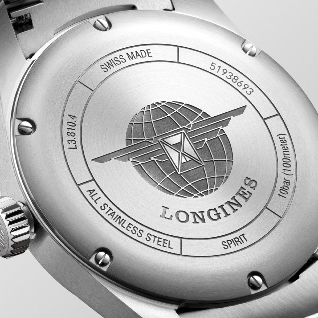 Close-up of the Longines Spirit Automatic 40mm watch case back, showing engraved details: a globe with wings and "Longines" beneath. The edge features "Swiss Made," "All Stainless Steel," and "10bar (100 meter).
