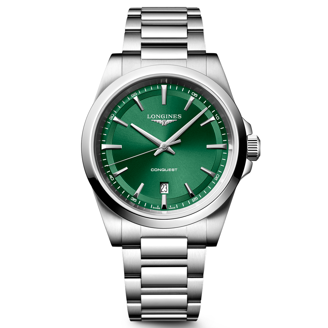 Introducing the Longines Conquest Quartz 41mm Watch—a sophisticated silver stainless steel timepiece by Longines. This Swiss-crafted wristwatch features a striking green dial with silver hour markers, a date window at the 6 o’clock position, and is completed with a metal link band and right-side crown for classic elegance.