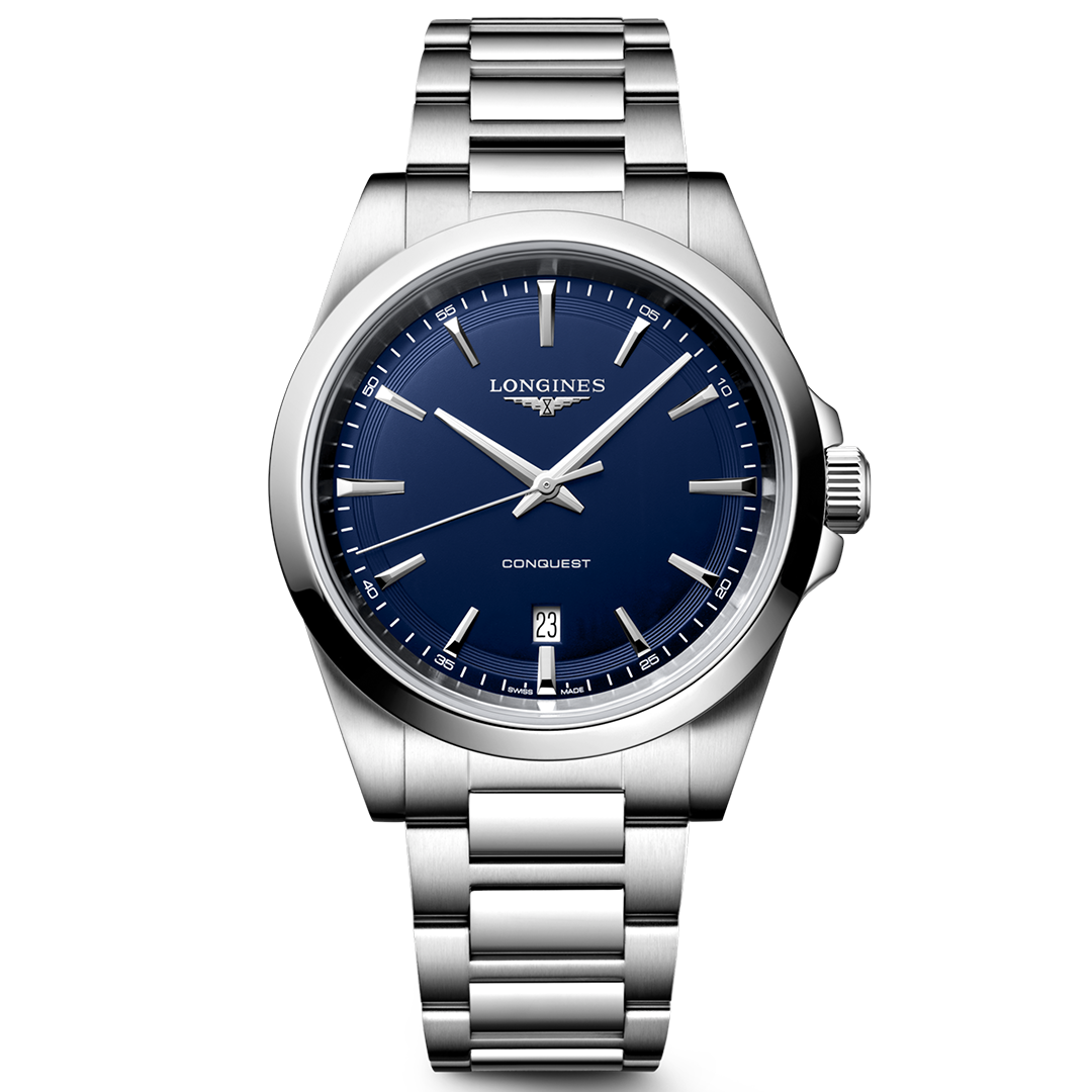 The Longines Conquest Quartz 41mm Watch by Longines is crafted in stainless steel and showcases a blue dial with silver hour markers, a date display at 6 o’clock, and a coordinating metal bracelet, capturing the enduring sophistication of the Conquest Classic collection.
