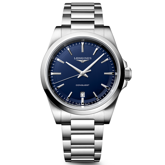 The Longines Conquest Quartz 41mm Watch by Longines is crafted in stainless steel and showcases a blue dial with silver hour markers, a date display at 6 o’clock, and a coordinating metal bracelet, capturing the enduring sophistication of the Conquest Classic collection.
