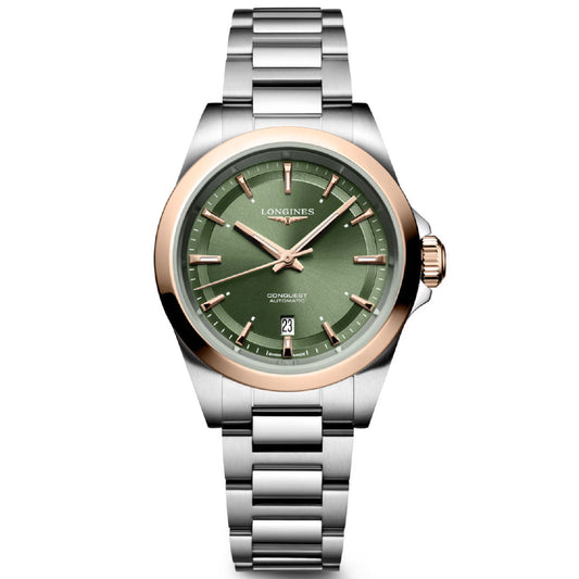 The Longines Conquest Automatic 30mm Watch features a silver and rose gold metal band, green dial, rose gold hands and markers, date window at 6 o’clock, and the Longines logo below 12—offering sporty elegance for everyday wear.