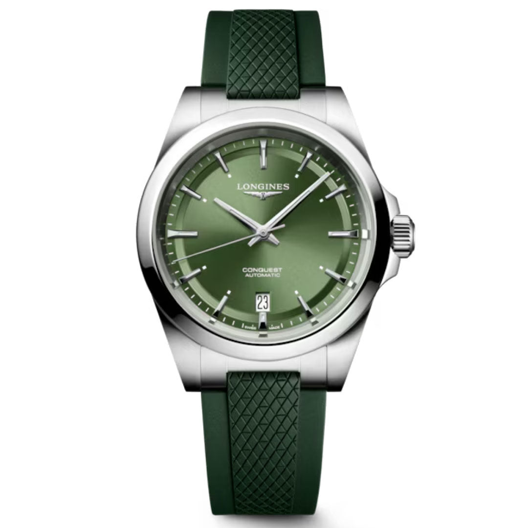 The Longines Conquest Automatic 38mm Watch features a stainless steel case, green dial with silver hour markers, date at 6 o’clock, and a textured green rubber strap—an ideal everyday timepiece shown on a white background.