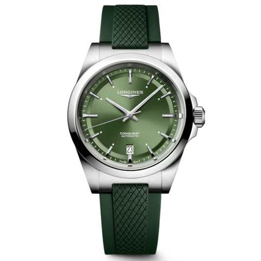 The Longines Conquest Automatic 38mm Watch features a stainless steel case, green dial with silver hour markers, date at 6 o’clock, and a textured green rubber strap—an ideal everyday timepiece shown on a white background.