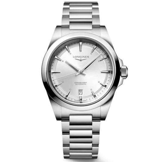 The Longines Conquest Automatic 38mm Watch showcases sporty elegance with a stainless steel case, silver dial, silver markers and hands, date window at 6 o’clock, and a sleek metal link bracelet.