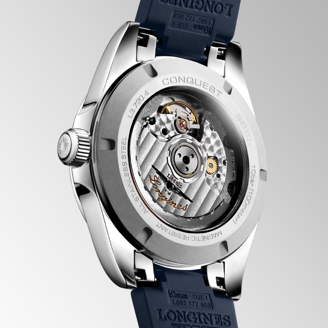 The back view of the Longines Conquest Automatic 38mm Watch features a transparent case back, revealing the detailed mechanical movement within this luxurious Longines timepiece.