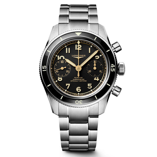 The Longines Spirit Pilot Flyback Automatic Manual Winding 39.5mm Watch features a stainless steel case, black dial with luminous Arabic numerals, two subdials, metal bracelet, minute-marked bezel, pushers, and crown.