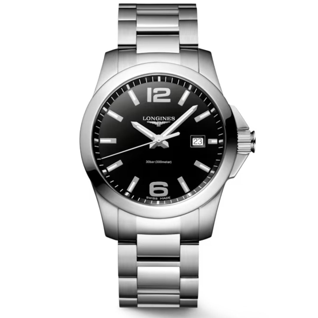 The Longines Conquest Quartz 41mm Watch features a silver stainless steel case, black dial with silver markers and hands, date window at 3 o’clock, and sleek metal link bracelet. A stylish Swiss timepiece from Longines.